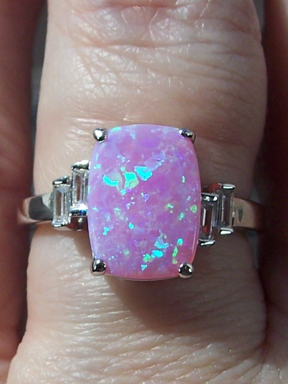 925 STERLING SILVER Lab Created Pink Fire Opal Cubic Zirconia Ring - Picture 10 of 16